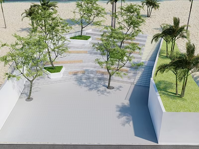 Outdoor Staircase Surrounded by Palm Trees in Sandy Area with Paved Path and White Walls 3d model