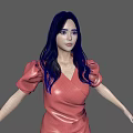 Stylish Woman In Red Short Dress With Puffed Sleeves And Black Heels Standing Gracefully