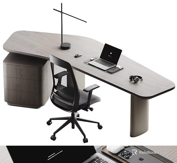 Modern Wooden Desk Setup With Black Office Chair Laptop Headphones And Lamp 3d model 