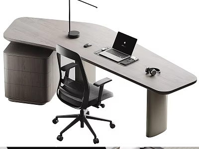Modern Wooden Desk Setup With Black Office Chair Laptop Headphones And Lamp 3d model