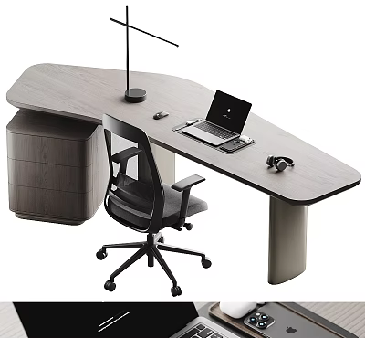 Modern Wooden Desk Setup With Black Office Chair Laptop Headphones And Lamp 3d model