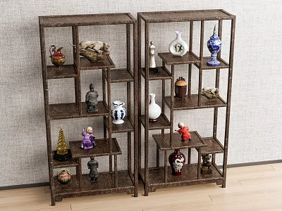 Wooden Multi Tiered Display Shelving Unit With Decorative Vases Figurines And Ceramic Items 3d model