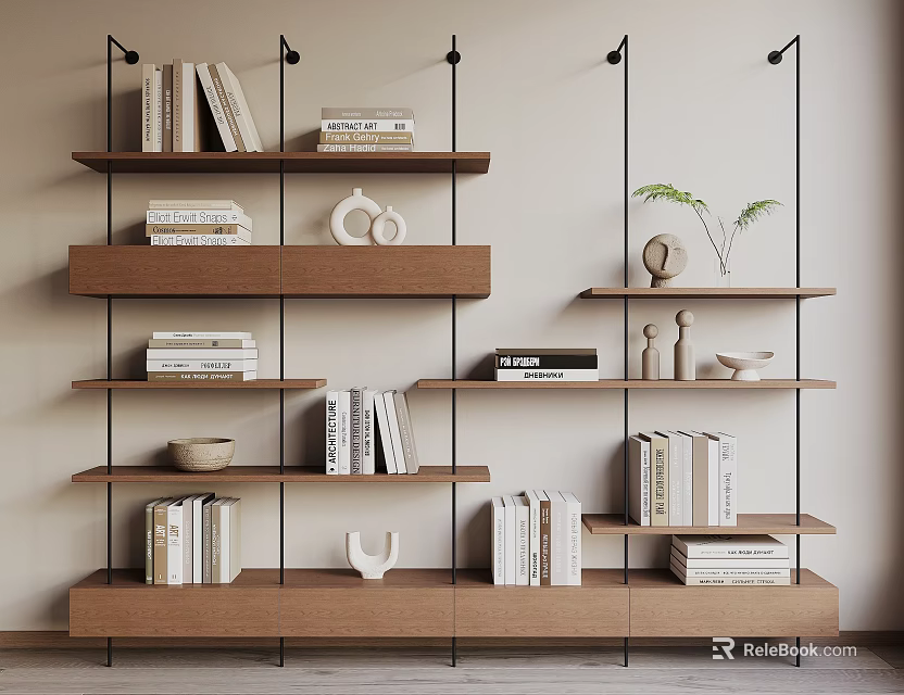 Modern Metal Framed Wooden Shelf with Multiple Layers Books Decorative Items Plant Storage 3d model 