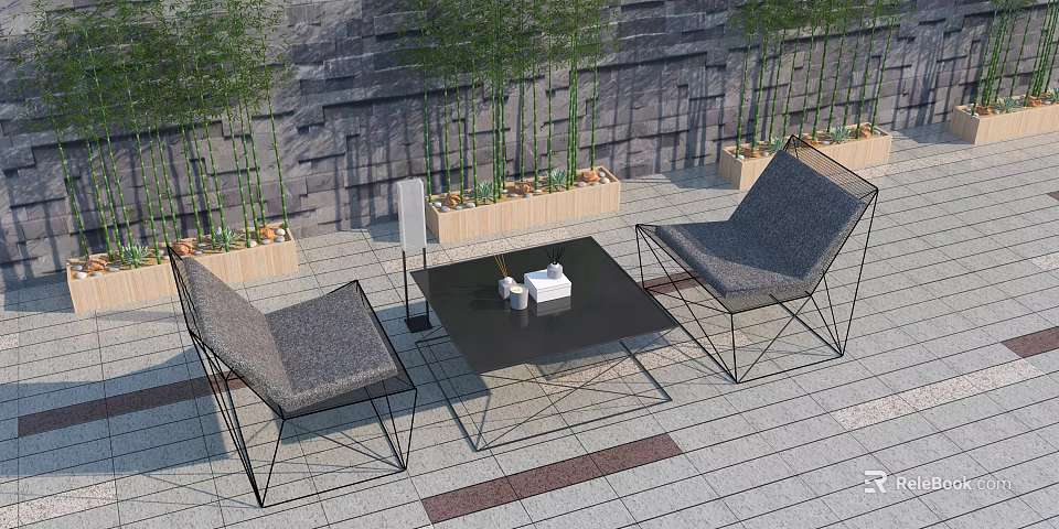 Modern Outdoor Table With Two Gray Cushioned Chairs Stone Wall And Plants On Stone Tiles 3d model 