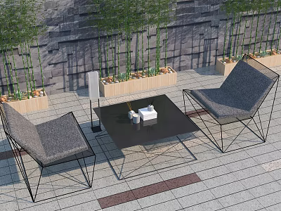 Modern Outdoor Table With Two Gray Cushioned Chairs Stone Wall And Plants On Stone Tiles 3d model