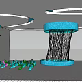 Indoor Art Installation Featuring Blue Circular Structure Black Woven Lines Colorful Chairs And Wall Decorations