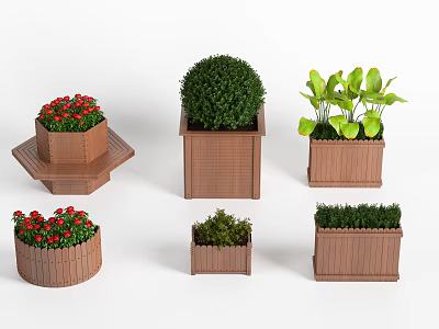 Wooden Garden Planters With Various Shapes And Green Plants Flowers 3d model