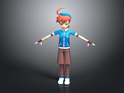 3D Animated Character With Red Hair Blue Headband And Blue Jacket Standing With Arms Outstretched 3d model