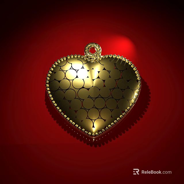 Gold Heart Shaped Jewelry Pendant with Circular Pattern and Beaded Edge on Red Background 3d model 