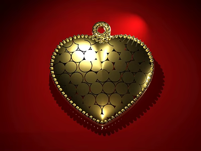 Gold Heart Shaped Jewelry Pendant with Circular Pattern and Beaded Edge on Red Background 3d model