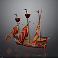 Ancient Sailing Ship Model With Red And Yellow Striped Sails And Wooden Masts