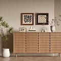 Modern Entryway Console Cabinet With Framed Wall Art Potted Plant And Wooden Finish