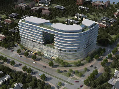 Aerial View Planning Of Modern Commercial Building With Glass Facade And Surrounding Greenery 3d model