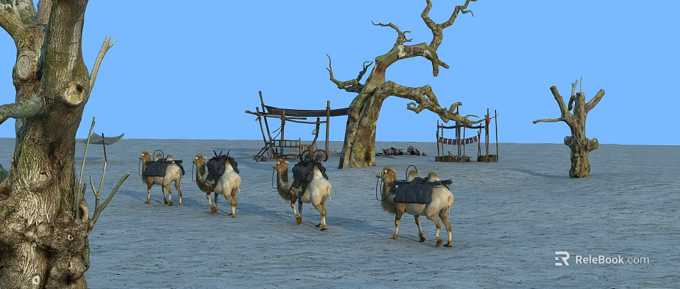 Desert Landscape with Walking Camels Leafless Tree Simple Shelters and Blue Sky 3d model 