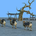 Desert Landscape with Walking Camels Leafless Tree Simple Shelters and Blue Sky