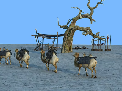 Desert Landscape with Walking Camels Leafless Tree Simple Shelters and Blue Sky 3d model