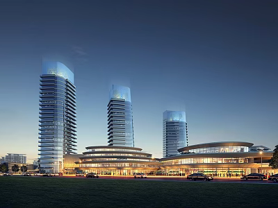 Modern Tall Office Buildings With Evening Illuminated Exterior And Surrounding Greenery 3d model