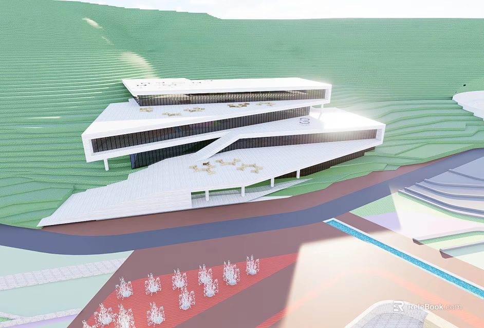 Modern School Building With Geometric White Structure Green Hillside And Open Square 3d model 