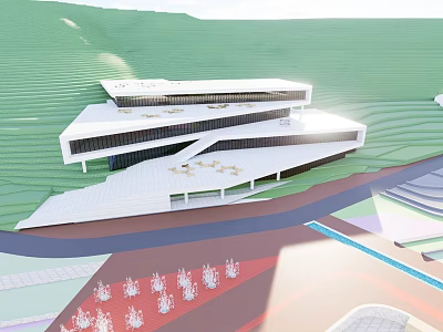 Modern School Building With Geometric White Structure Green Hillside And Open Square 3d model