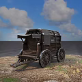 Vintage Wooden Carriage On Rocky Shore With Metal Grille And Sunset Sky