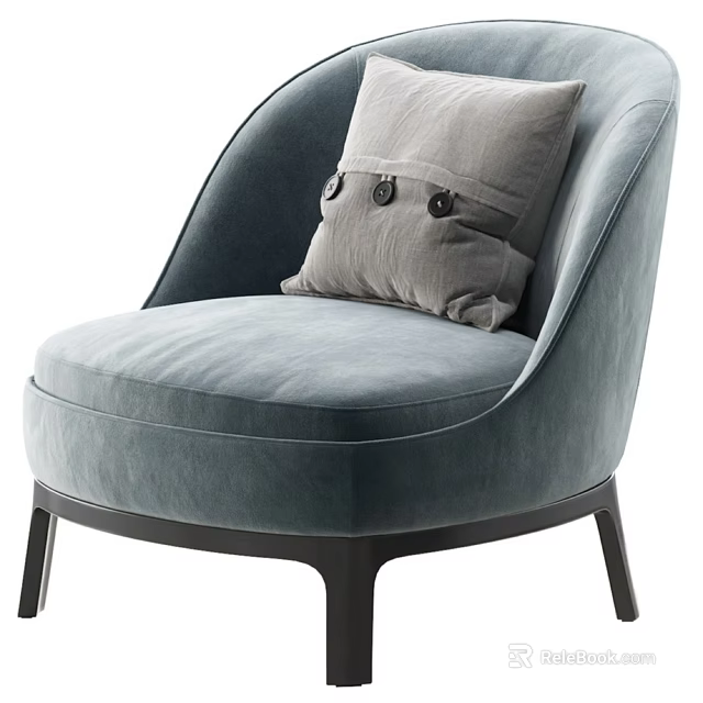 Light Blue Velvet Upholstered Accent Chair with Curved Backrest Gray Pillow Brass Buttons Black Legs 3d model 
