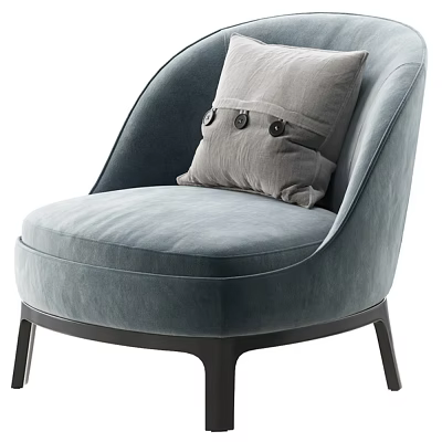 Light Blue Velvet Upholstered Accent Chair with Curved Backrest Gray Pillow Brass Buttons Black Legs 3d model