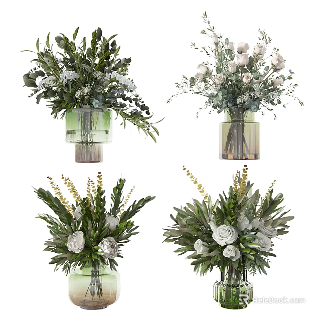 Decorative Floral Arrangements In Glass Vases With White Roses And Green Leaves 3d model 