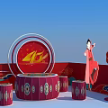 Vibrant Red Decorative Scene with 40th Anniversary Elements Traditional Figure Drum and Lanterns 3d model