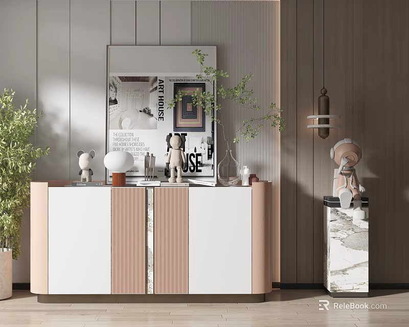 Modern Minimalist Console Table And Side Cabinet With Mirror Decorations And Plants 3d model