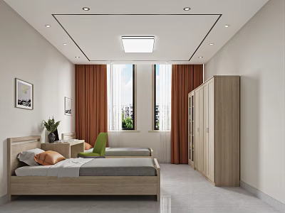 Modern Bedroom Interior With Two Beds And Wardrobe 3d model