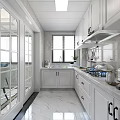 Modern White Kitchen Interior With White Cabinets Marble Countertops Window And Refrigerator