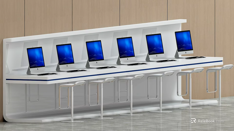 White Office Work Desk With Multiple Computer Monitors Blue Screens High Stools And Wooden Walls 3d model 