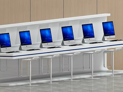 White Office Work Desk With Multiple Computer Monitors Blue Screens High Stools And Wooden Walls 3d model
