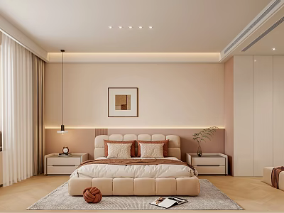 Neutral Bedroom Interior Design With Beige Upholstered Bed Framed Artwork LED Lighting And Area Rug 3d model