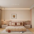Neutral Bedroom Interior Design With Beige Upholstered Bed Framed Artwork LED Lighting And Area Rug