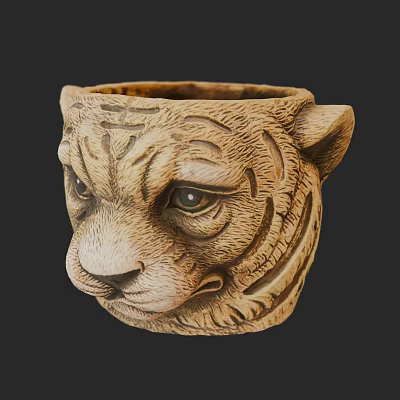 Tiger Head Carved Cup With Detailed Animal Face Sculpted Design 3d model