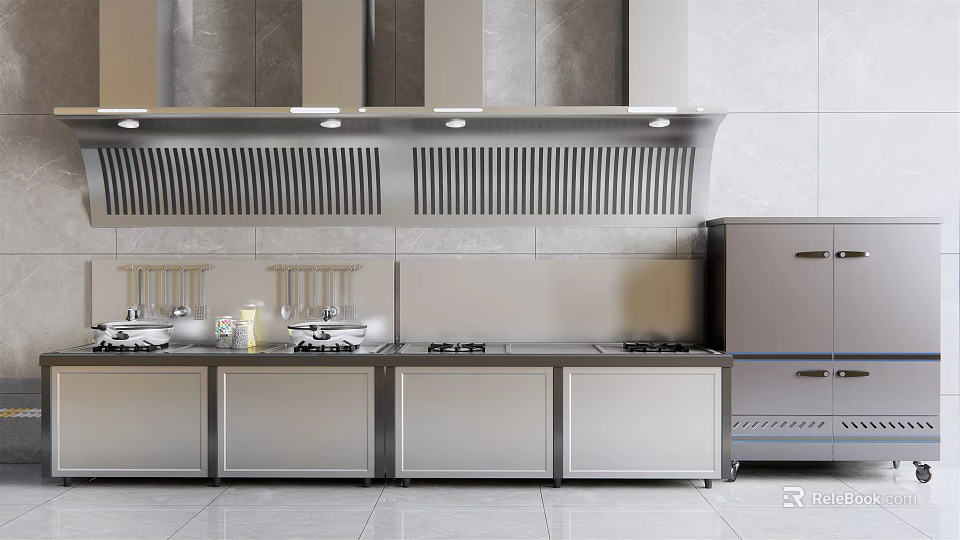 Modern Stainless Steel Kitchen Appliances Stove Range Hood and Refrigerator In Contemporary Kitchen Setup 3d model 