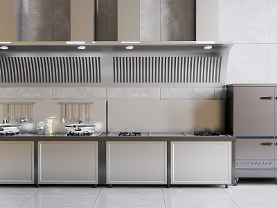 Modern Stainless Steel Kitchen Appliances Stove Range Hood and Refrigerator In Contemporary Kitchen Setup 3d model