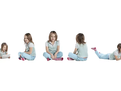 Five Young Girls Showing Different Sitting Poses On White Background 3d model