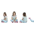 Five Young Girls Showing Different Sitting Poses On White Background