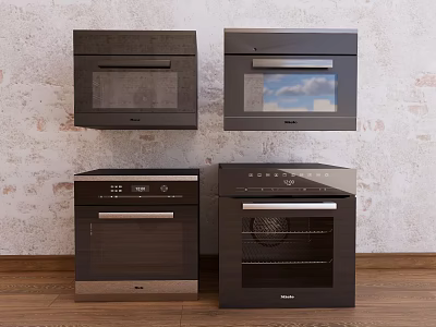 Black Kitchen Appliances Including Ovens And Microwaves In Brick Wall Background With Wooden Floor 3d model
