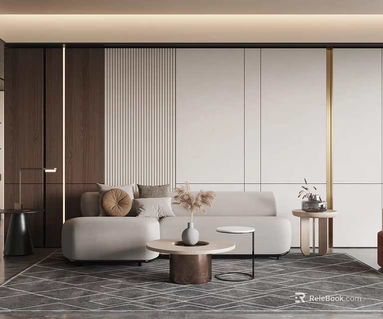 Elegant Modern Living Room Featuring Light Gray Sectional Sofa With Decorative Pillows And Coffee Table 3d model 