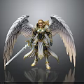 Mythical Angel Character In Armor With White Feathered Wings Golden Hair And Sword