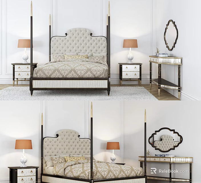Elegant Double Bed With Tufted Headboard Nightstands Table Lamps And Mirror 3d model