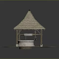 Traditional Rustic Well Structure With Thatched Roof Wooden Pillars And Stone Platform