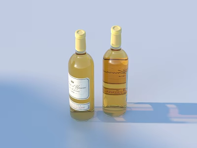 Two Elegant Labeled Wine Bottles With Yellow Liquid And Shadow On Light Blue Background 3d model