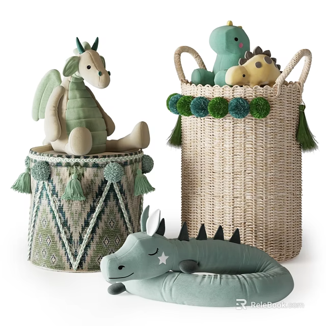 Green Dragon Stuffed Toys on Drum Container and Wicker Basket with Tassels Pom Poms 3d model 