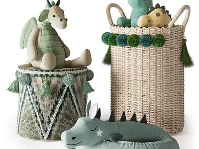 Green Dragon Stuffed Toys on Drum Container and Wicker Basket with Tassels Pom Poms 3d model