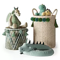 Green Dragon Stuffed Toys on Drum Container and Wicker Basket with Tassels Pom Poms