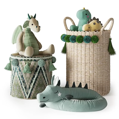 Green Dragon Stuffed Toys on Drum Container and Wicker Basket with Tassels Pom Poms 3d model